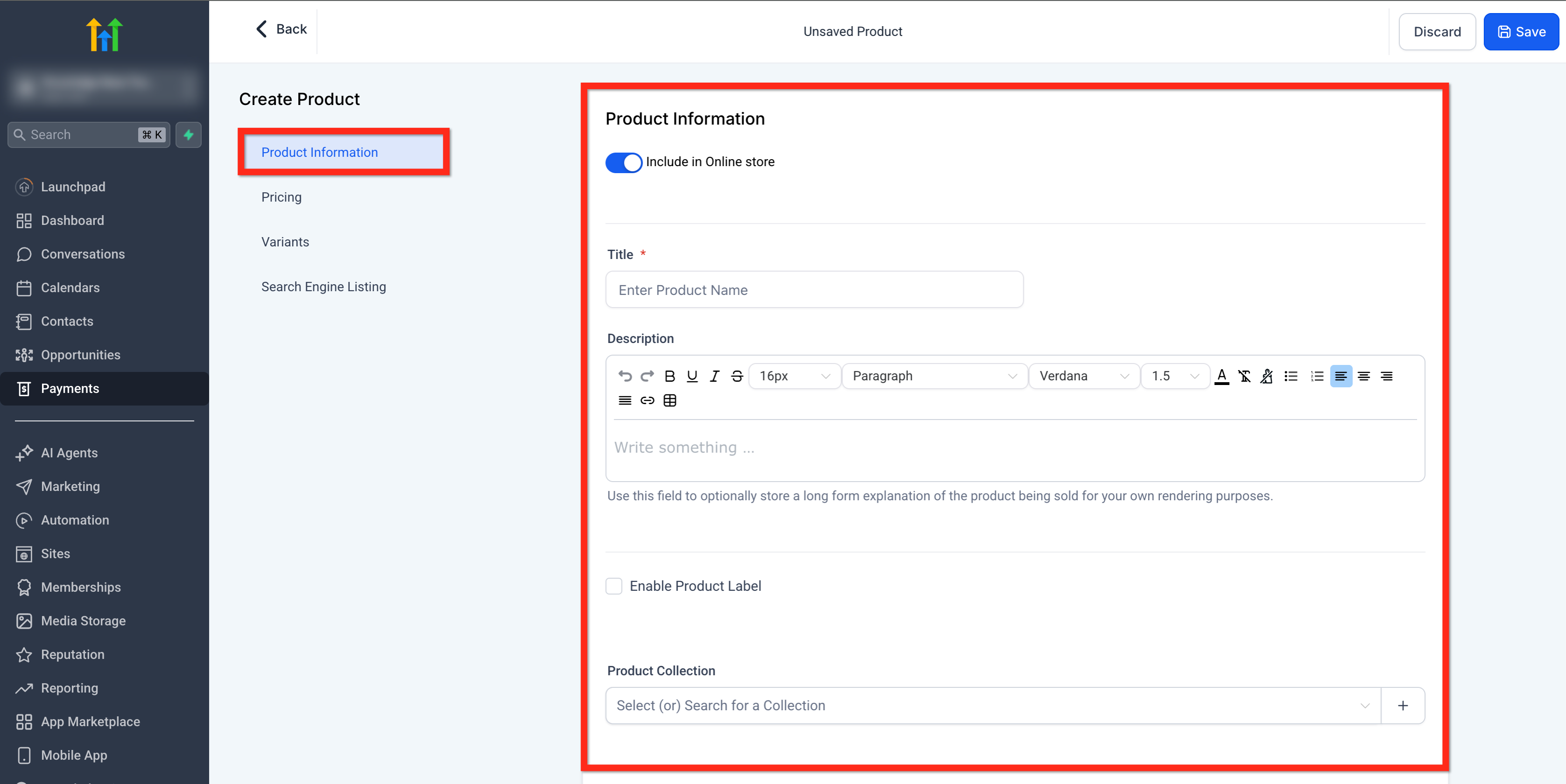 The product title, description, store inclusion toggle, label, and collection fields. Source [1].