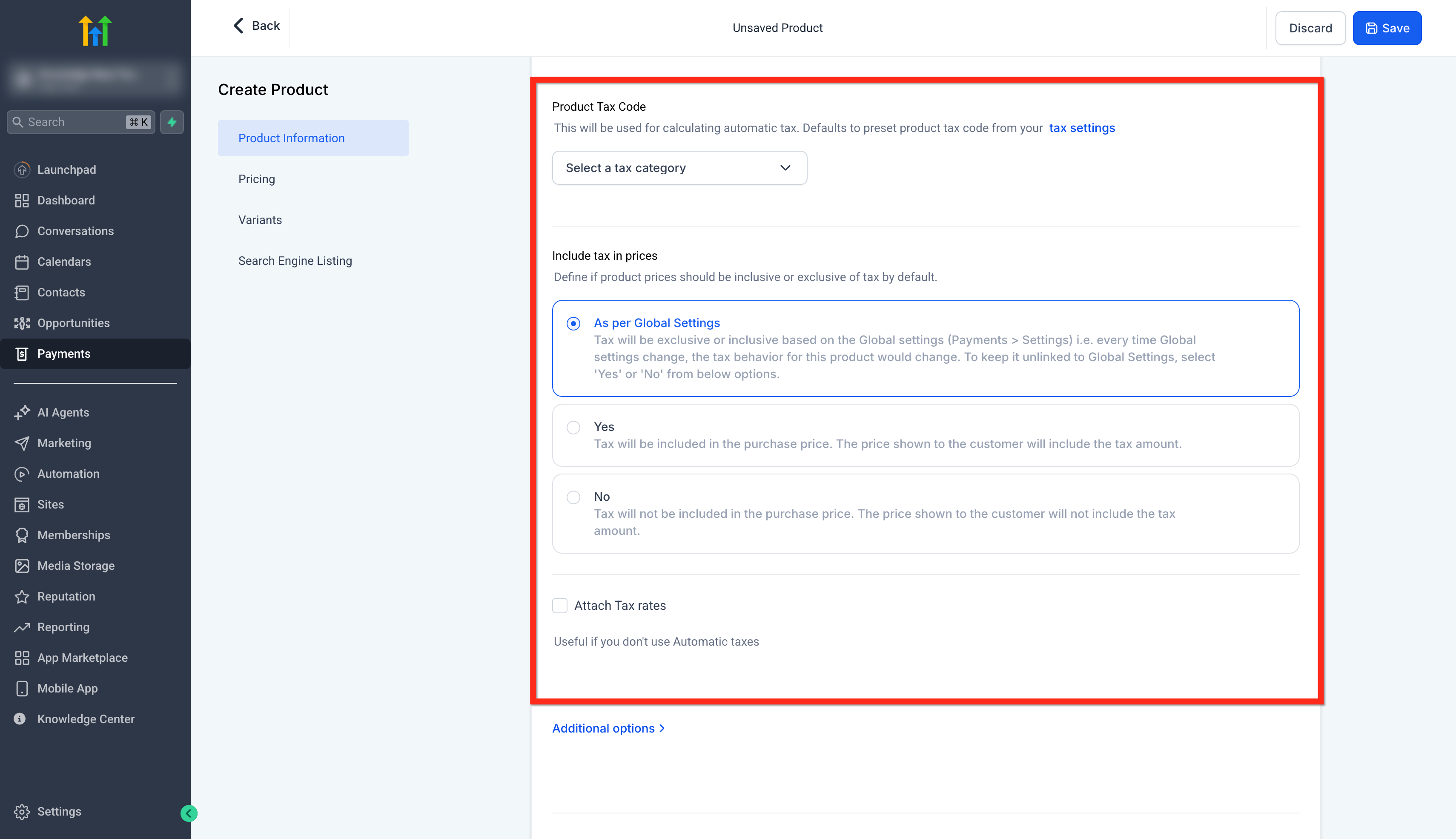 The product-level tax fields in the editor. Follow your store’s approved tax setup. Source [1].