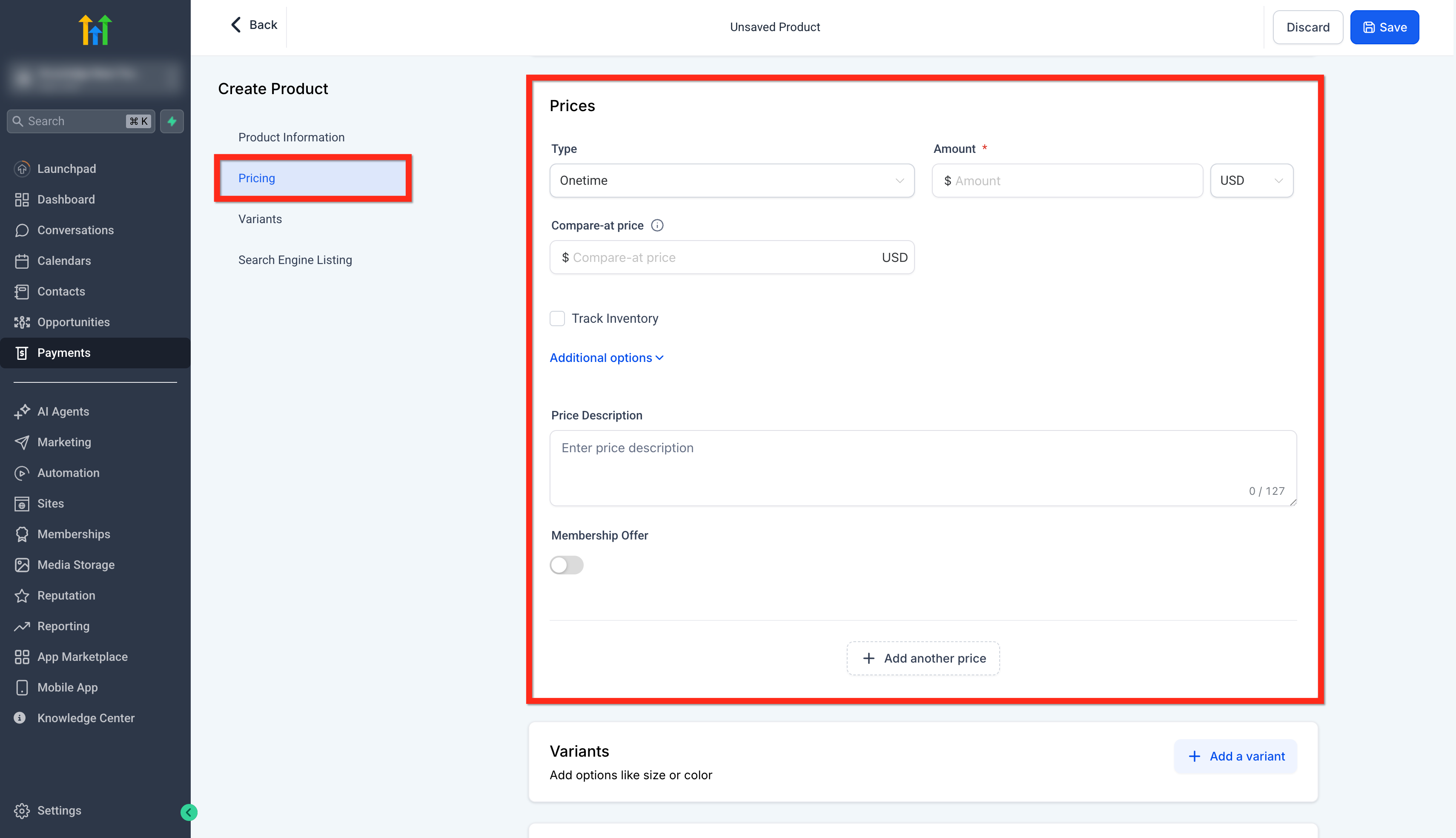 The pricing controls: type, amount, compare-at price, currency, and stock tracking. Source [1].