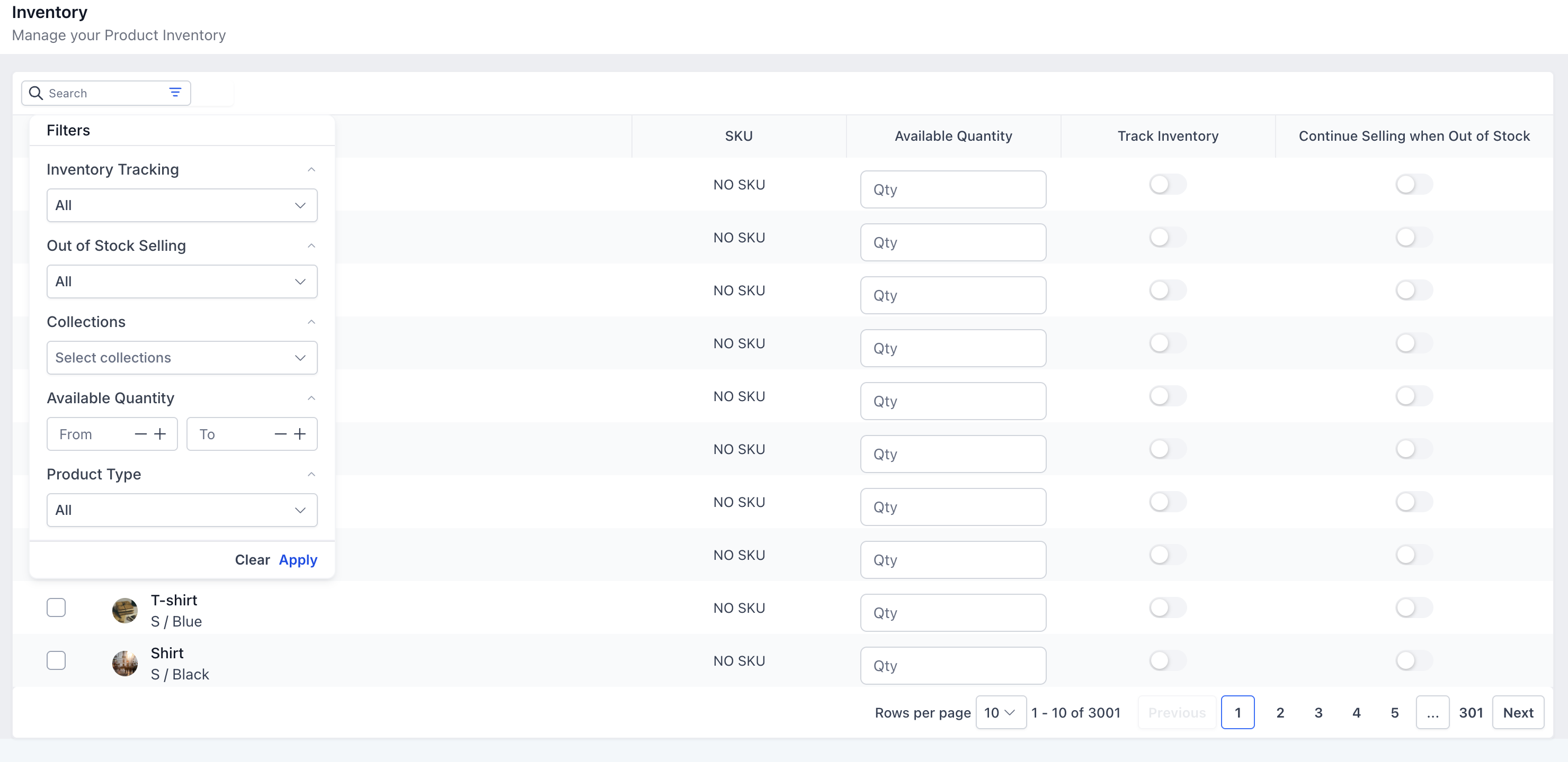 Filter inventory by tracking, stock policy, collection, quantity, or product type. Source [5].