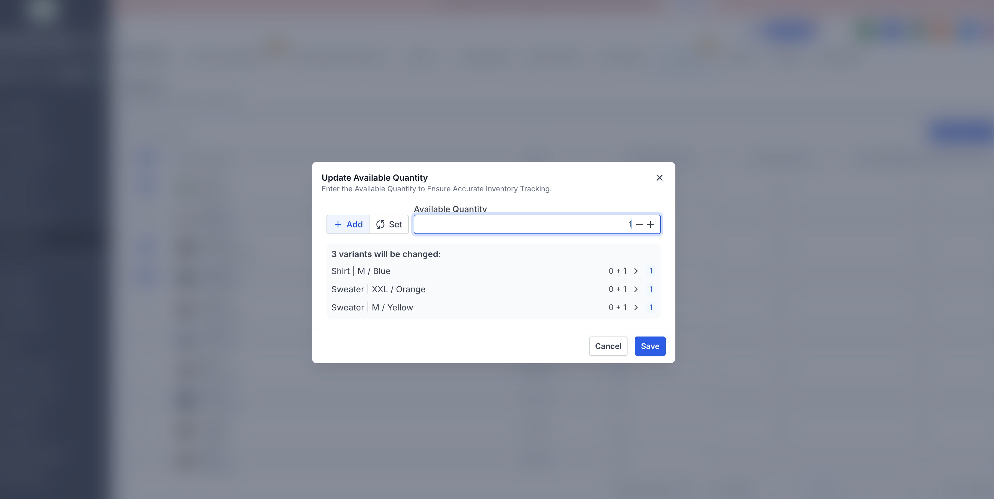 Add increases each selected variant’s recorded quantity. Source [5].