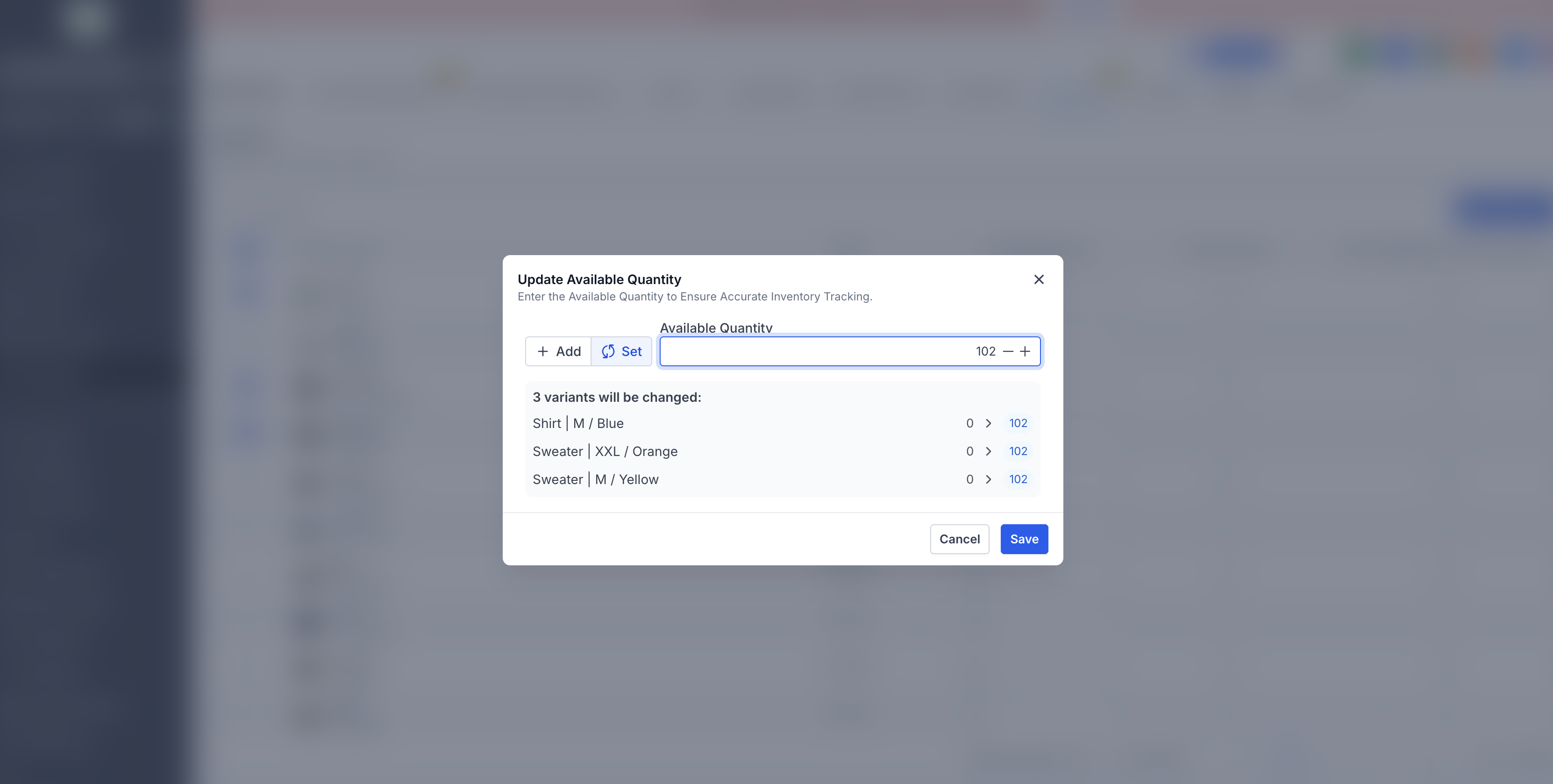 Set replaces each selected variant’s recorded quantity. Review the preview. Source [5].