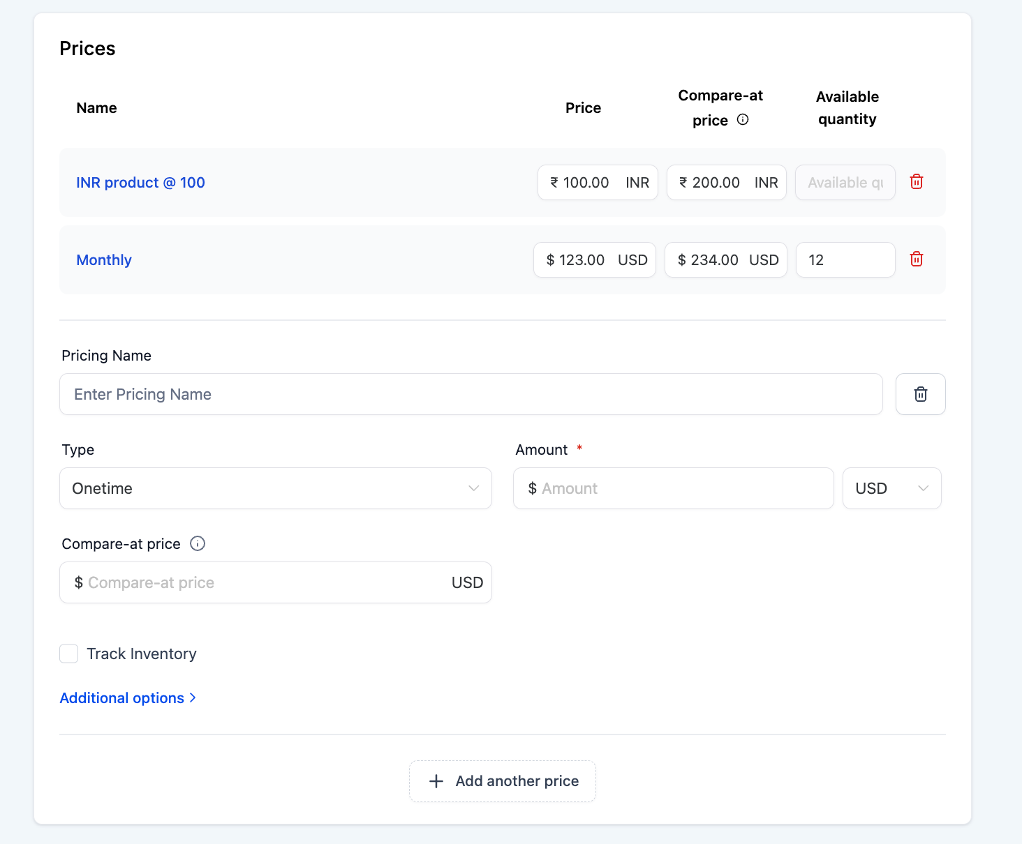 A closer view of a price row and its inventory checkbox. Source [6].