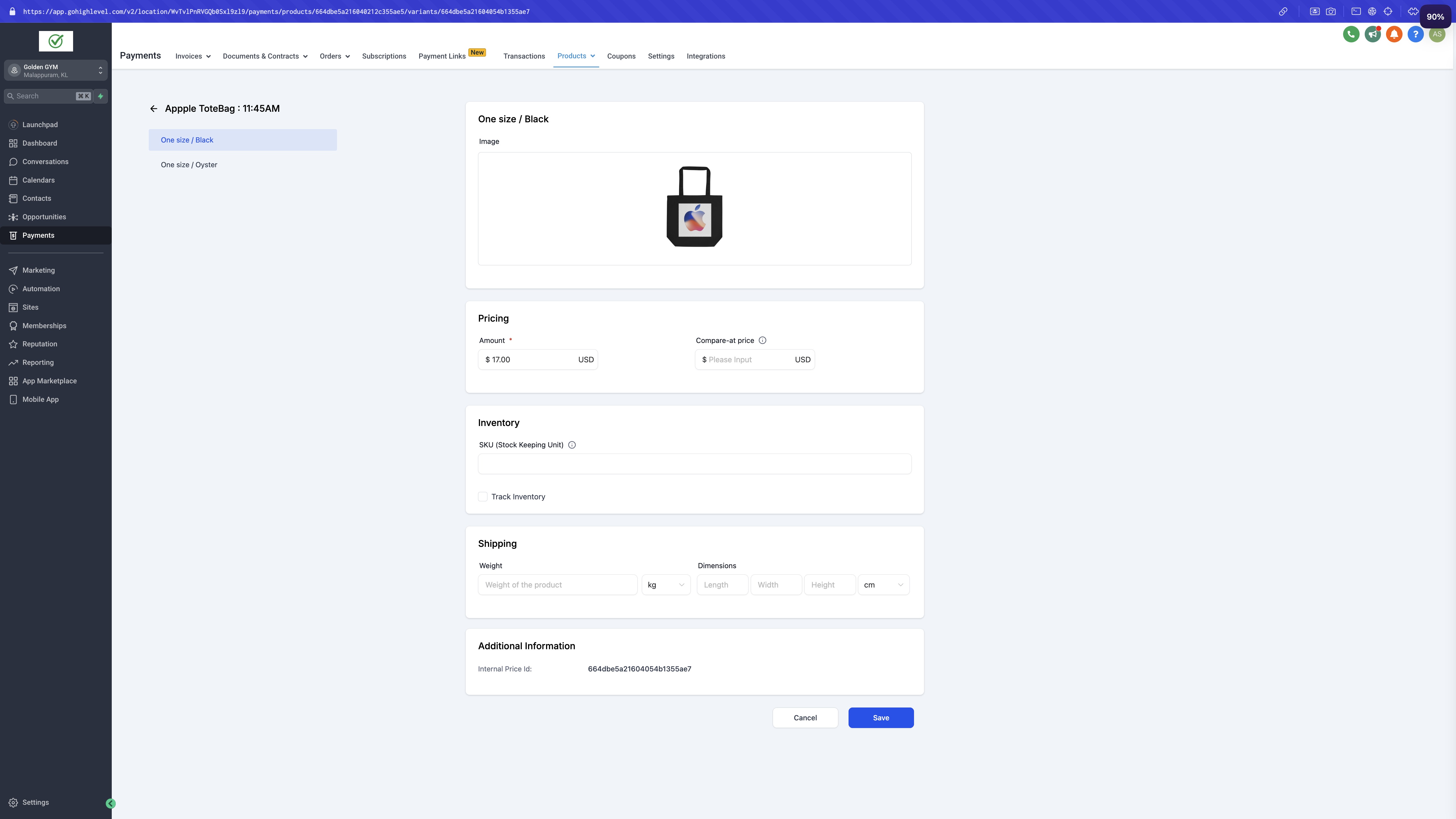 The price/variant detail record contains inventory and shipping information. Source [6].