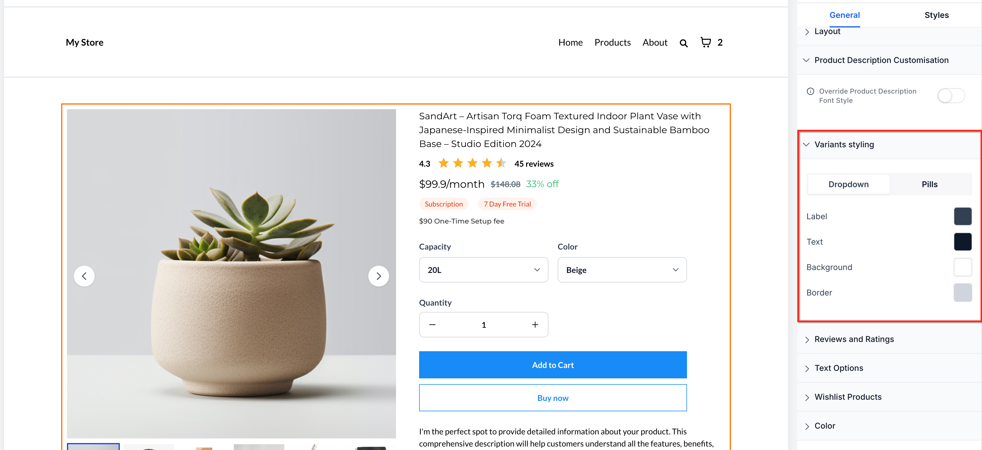 Find Variants styling in the Product Element’s settings. Source [8].