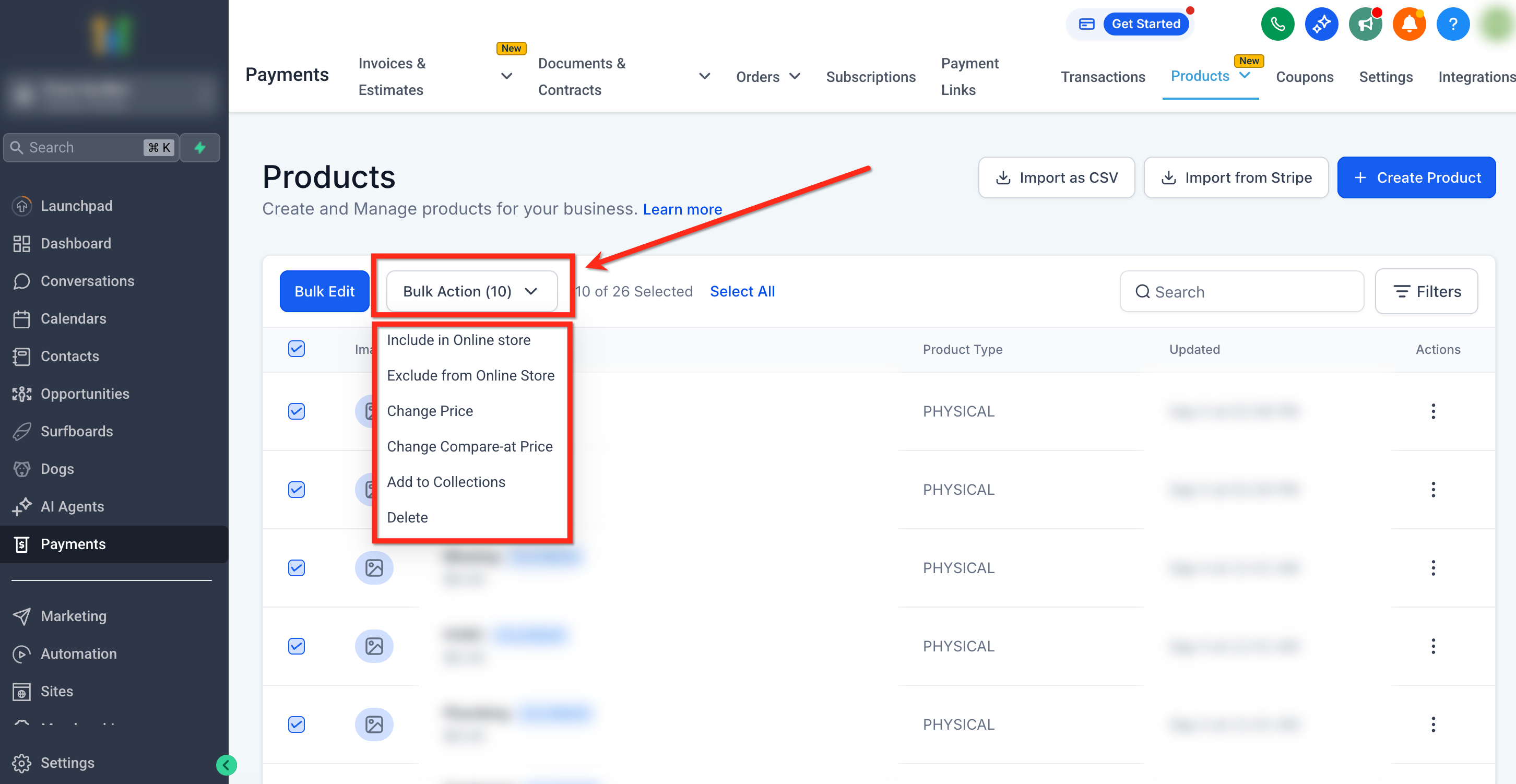 Bulk Actions includes visibility, prices, collections, and deletion. Source [10].