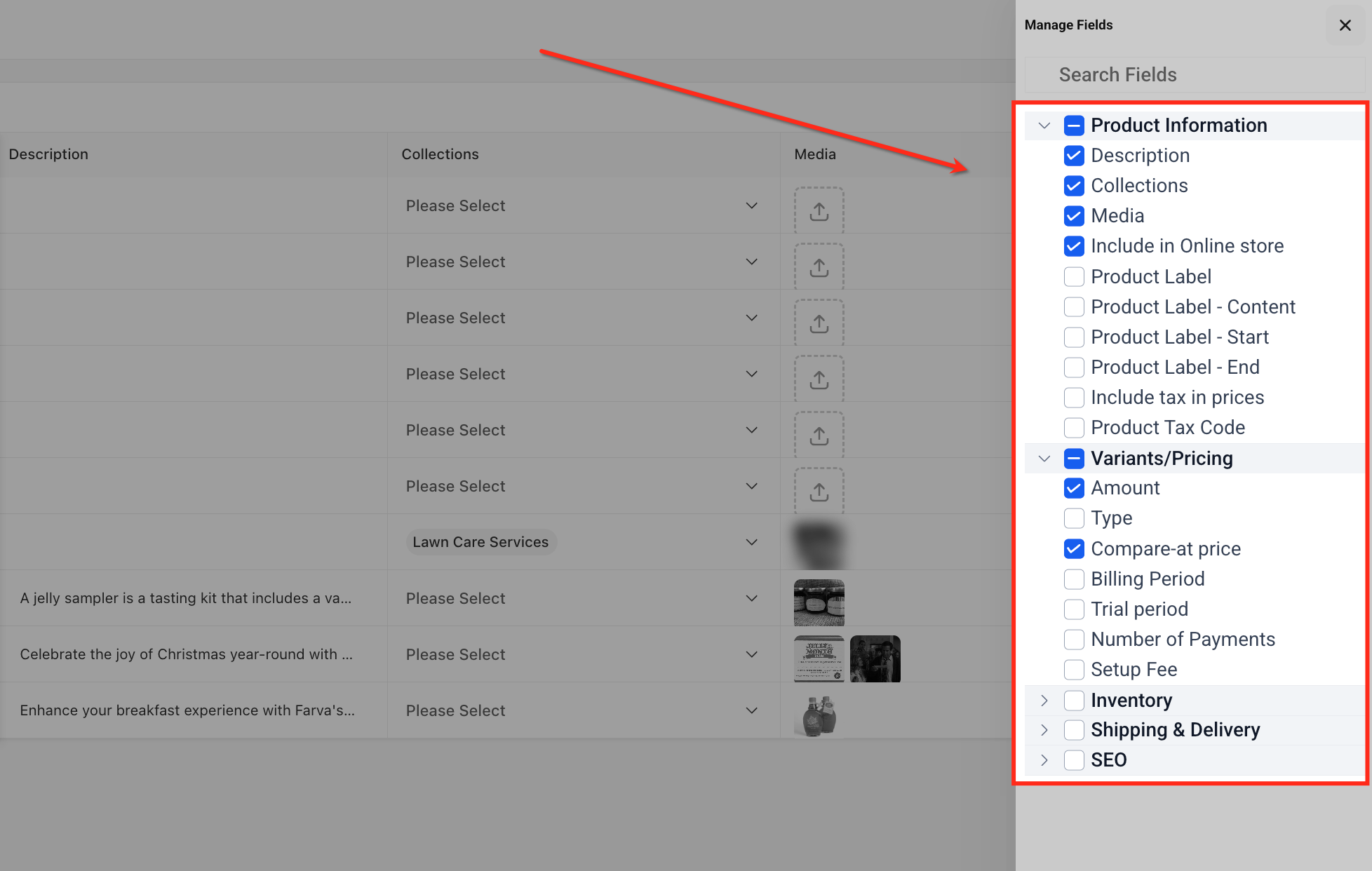 Choose the product, pricing, inventory, shipping, or SEO columns you need. Source [11].