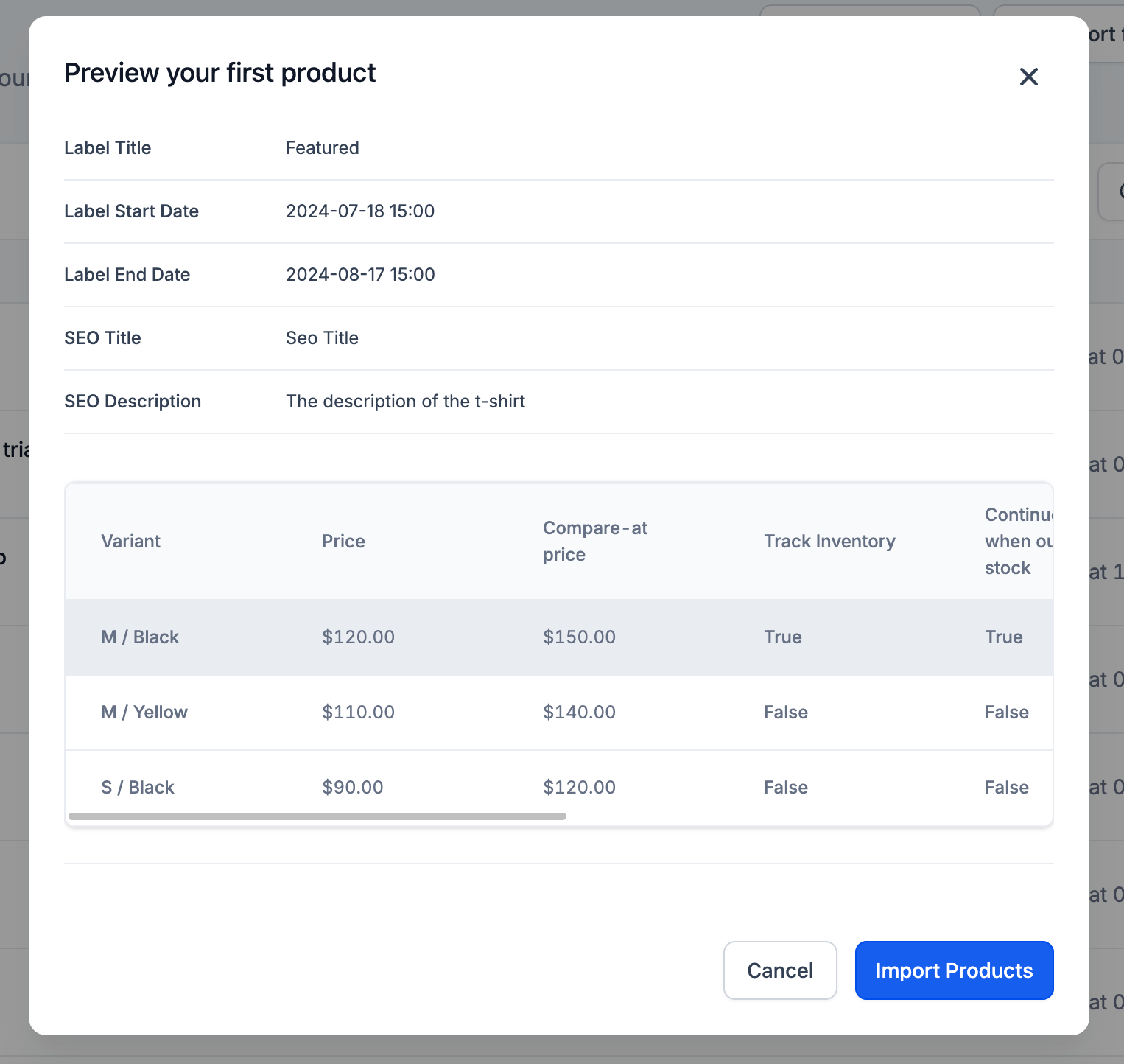 Review the product and variant preview before importing. Source [12].