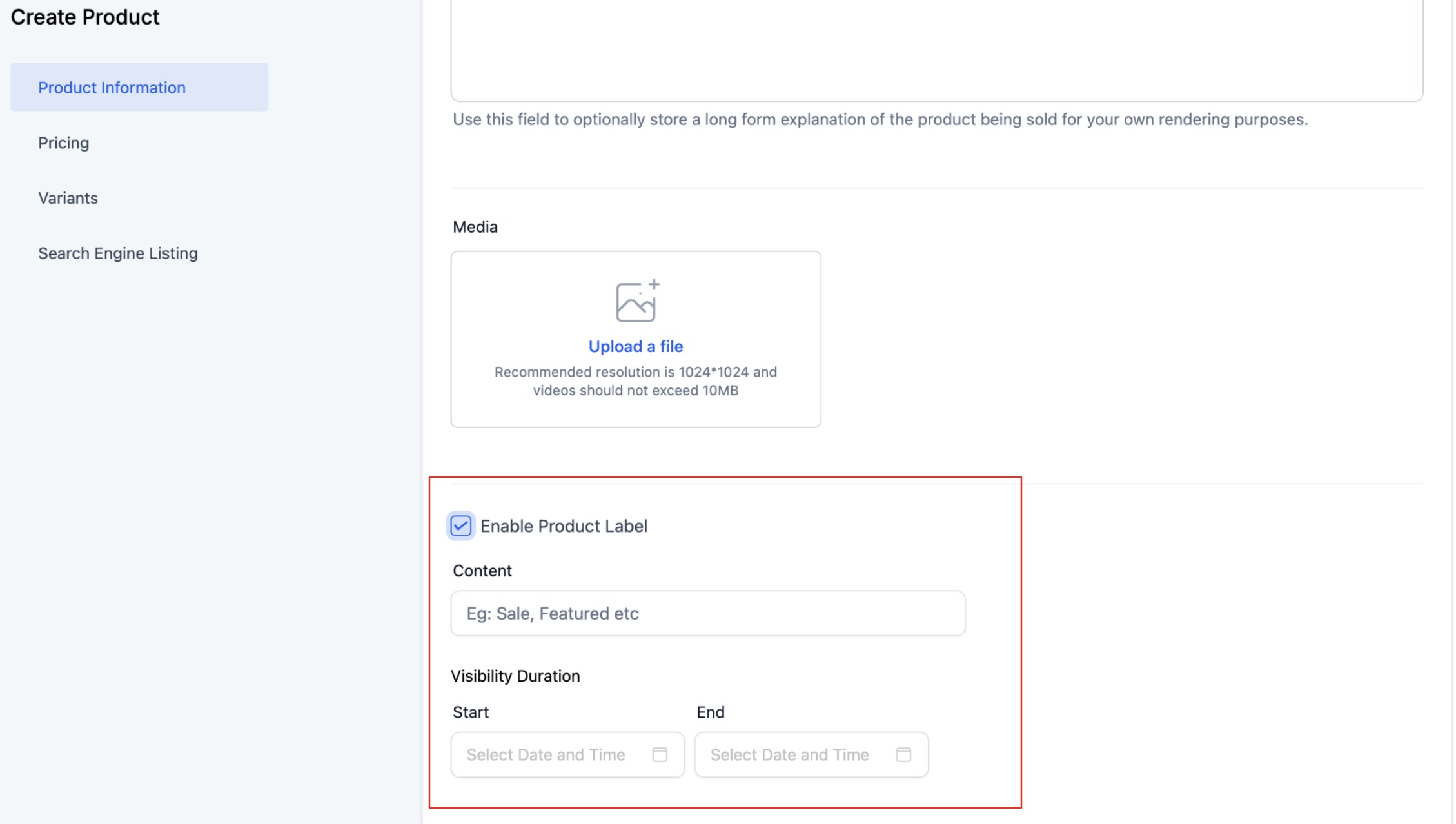 Enable a product label and optionally set its visibility period. Source [16].