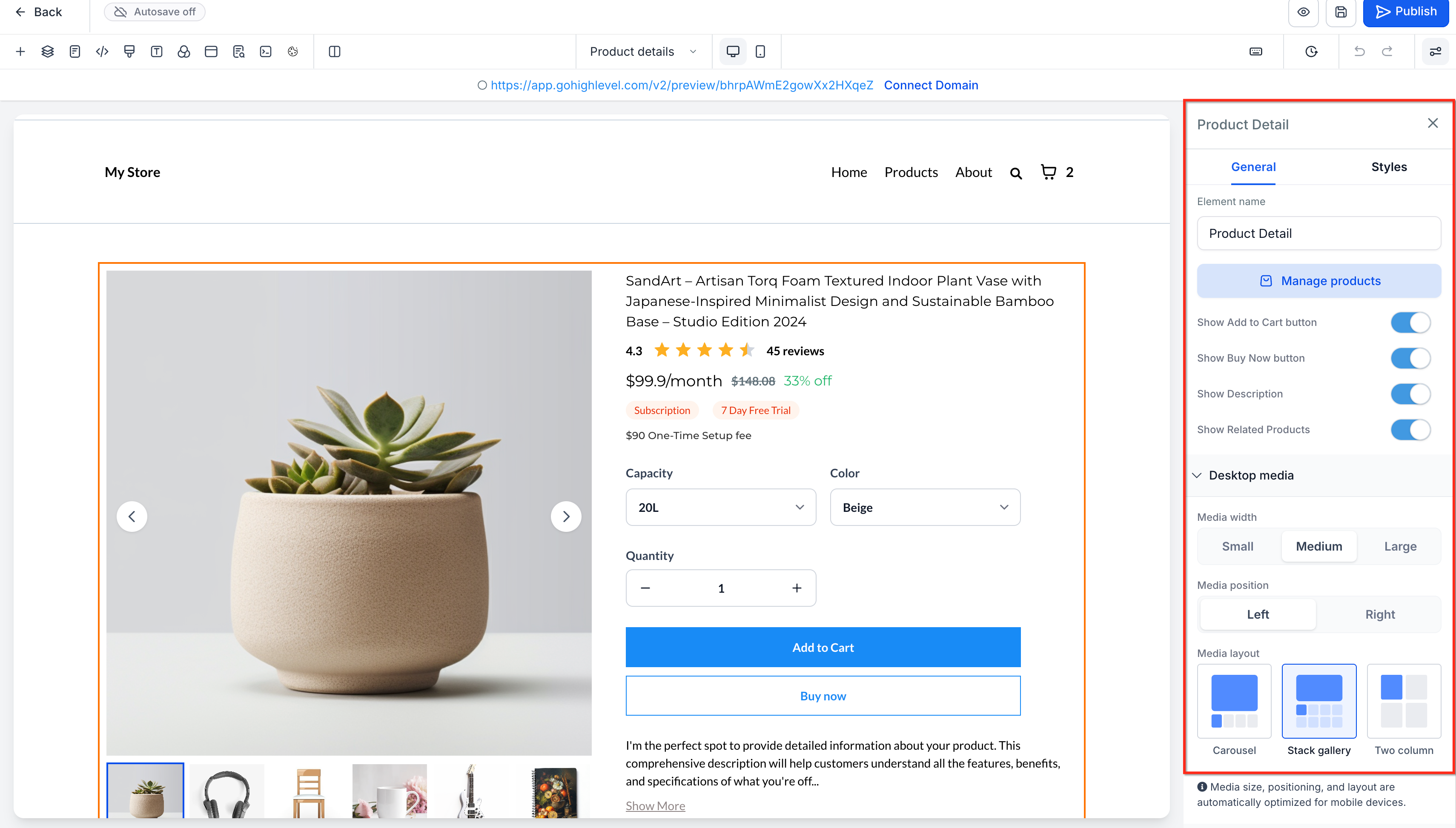 Select the Product Details element to find its media controls. Source [17].