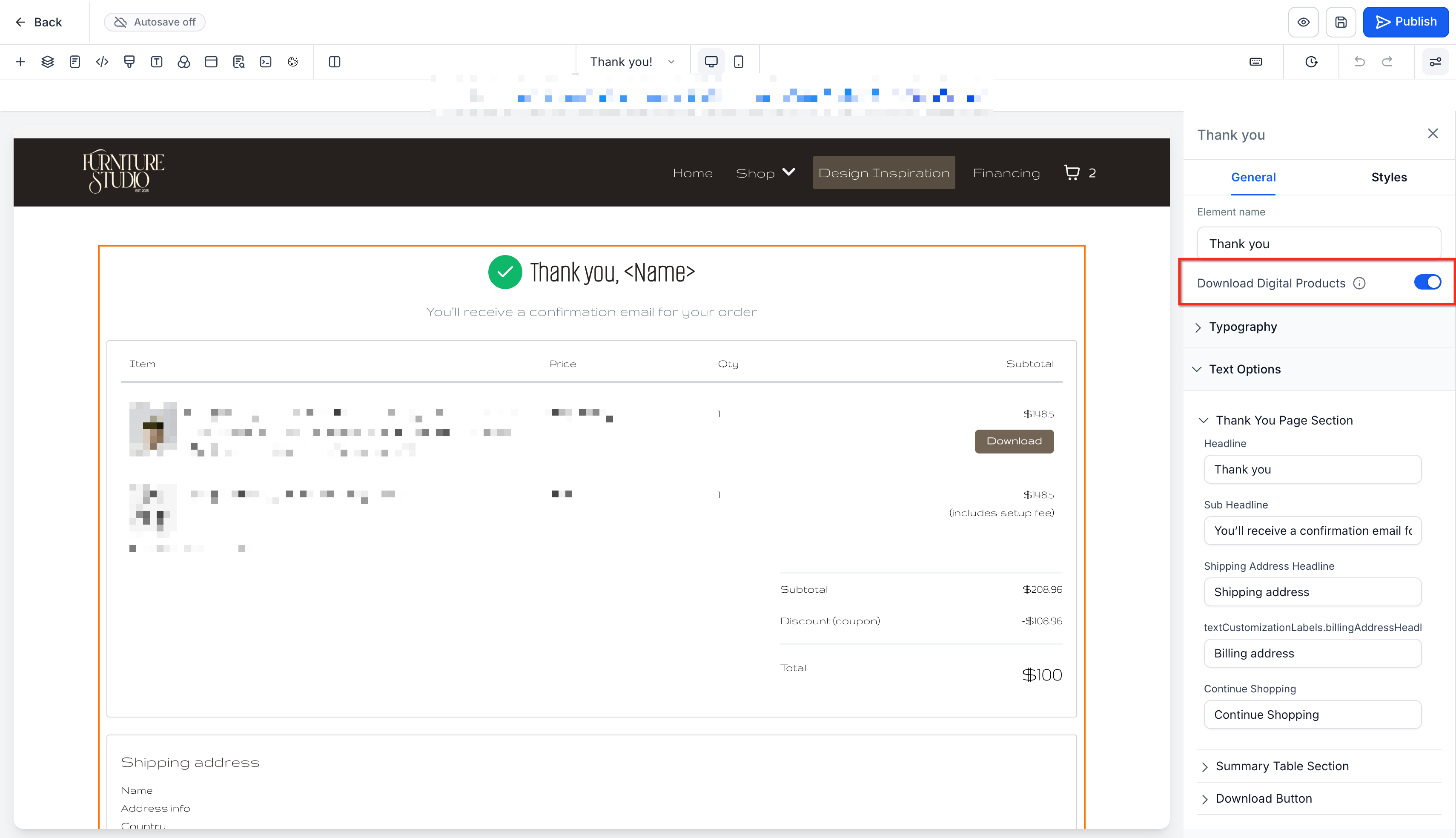 Enable Download Digital Products in the Thank You element settings. Source [19].
