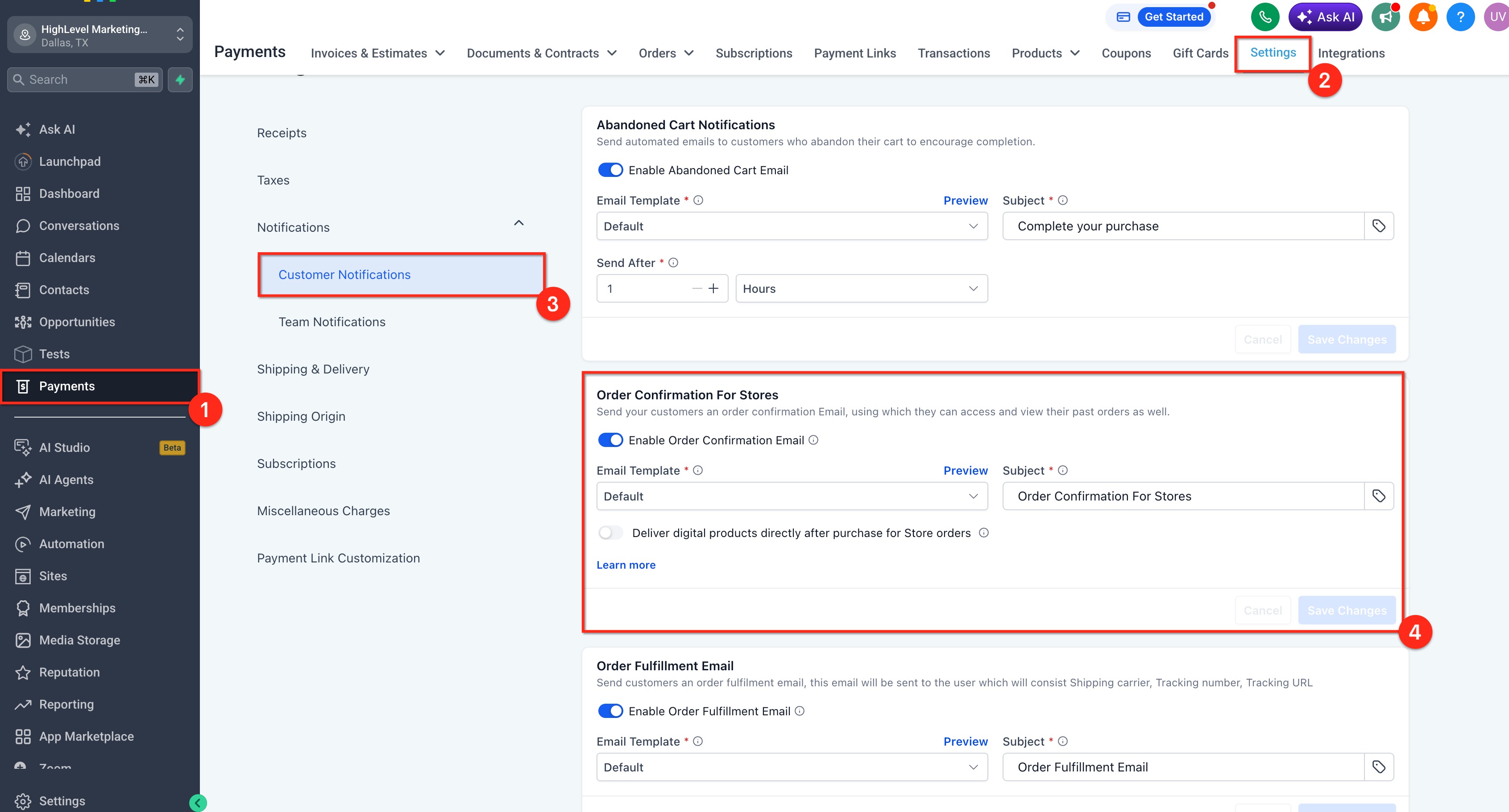 Enable the store’s Order Confirmation Email in Notifications. Source [19].