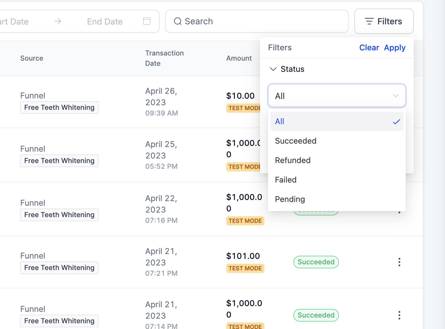 The Transactions status filter can locate refunded payments. Source [20].