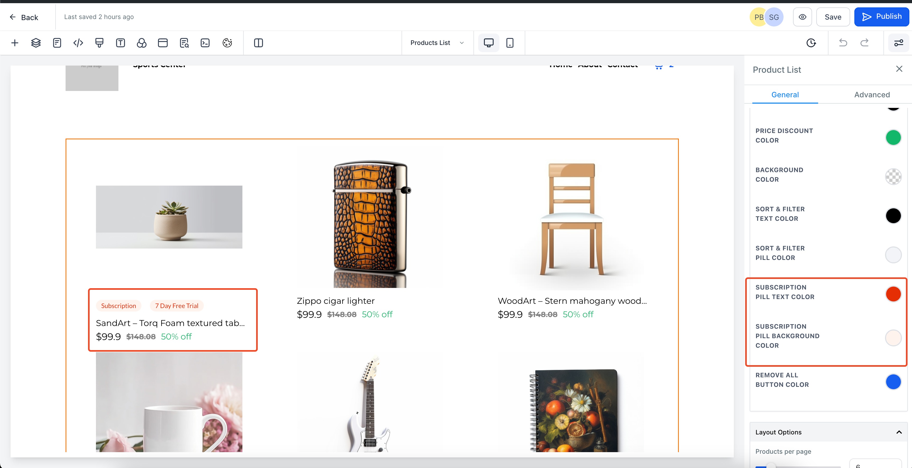 Recurring-price presentation settings in the store page builder. Source [21].