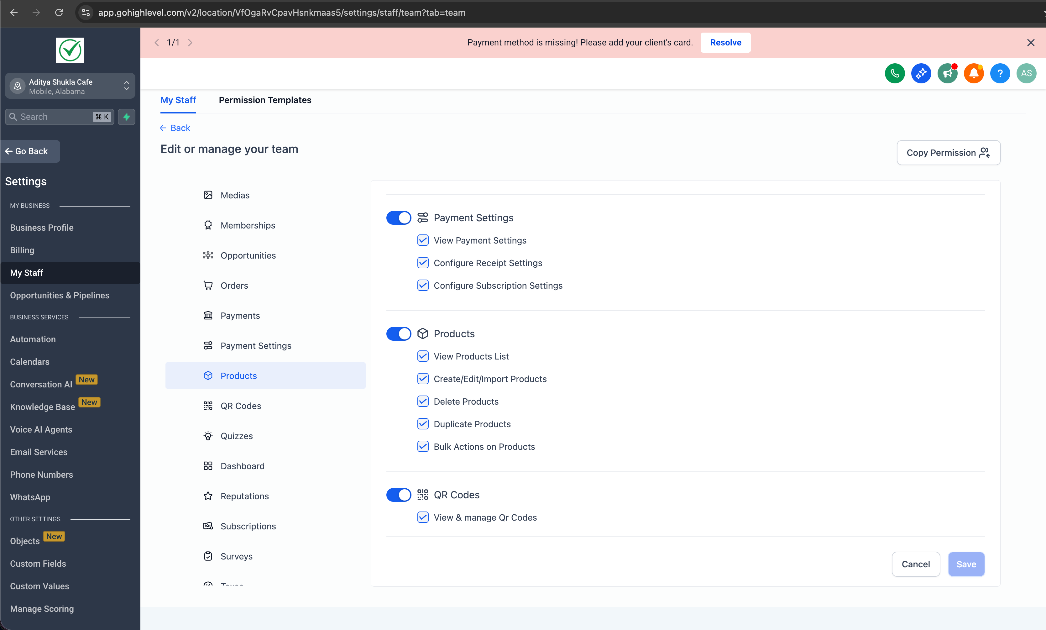 Product permissions in the staff member’s Roles & Permissions screen. Source [25].